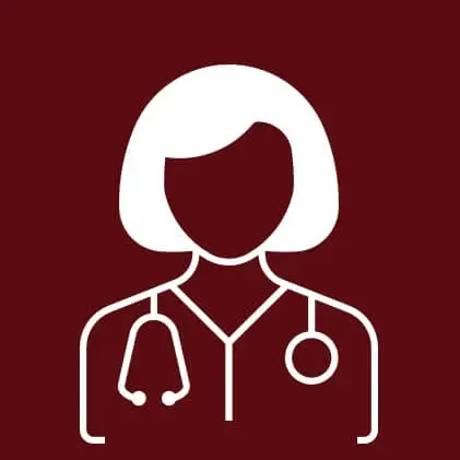 White icon of female doctor on burgundy background