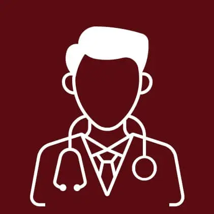 White icon of male doctor on burgundy background